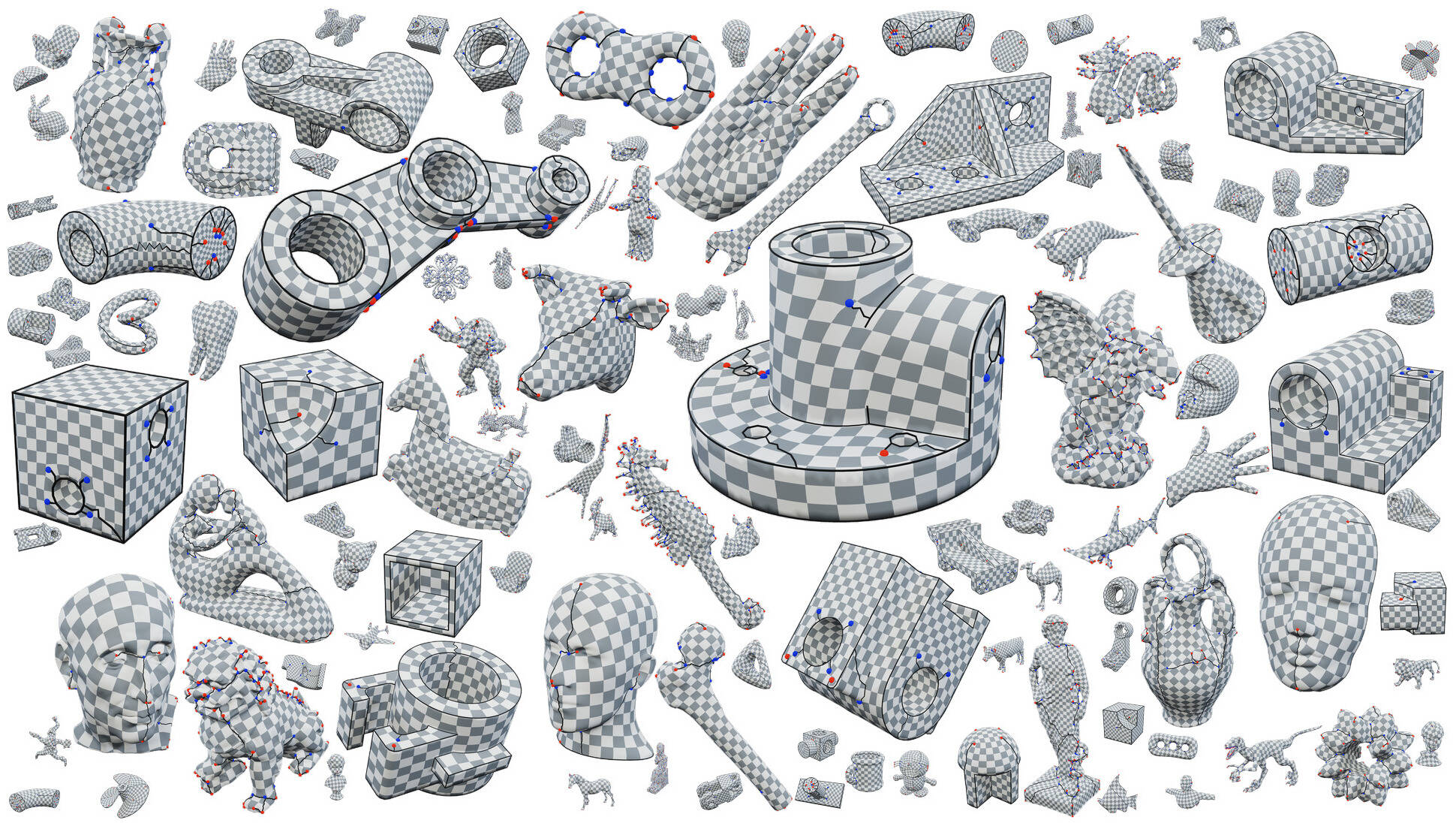 Many surface meshes in a mosaic with computed parametrization and cones displayed as a checker texture and little red/blue spheres.