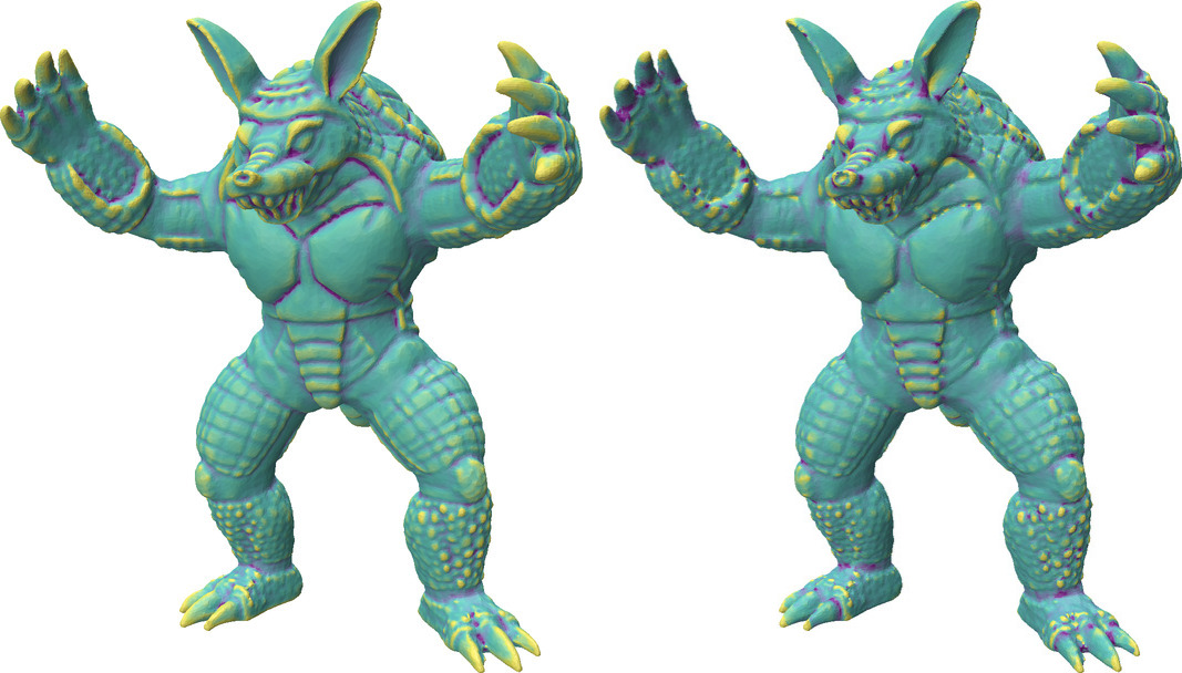 Mean and Gaussian curvature distributions as a colormap on the Armadillo model