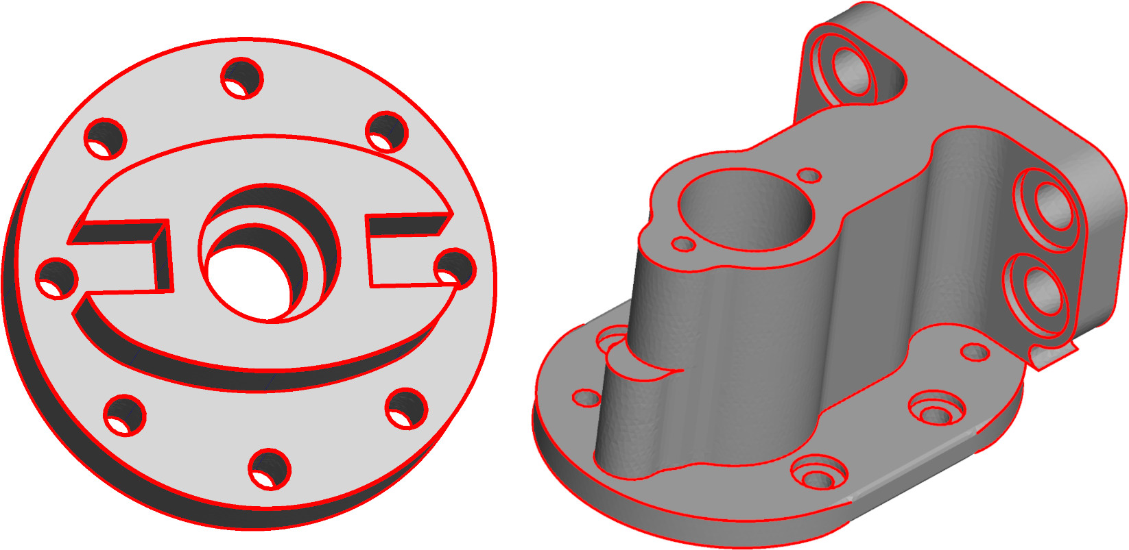 Result of the feature detection algorithm with feature edges marked on red on CAD models of two mechanical parts